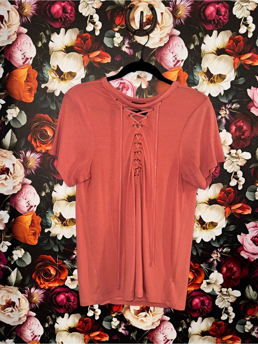 Express Coral Lace-Up Short Sleeve Tee, Small